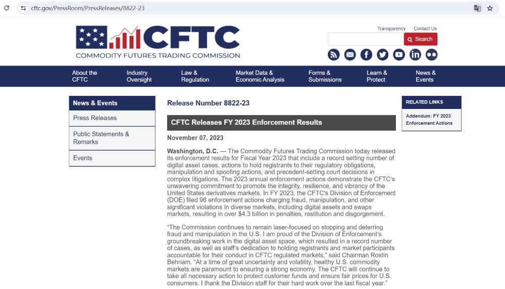 CFTC 2023财年提起的执法案件中近一半与数字资产有关