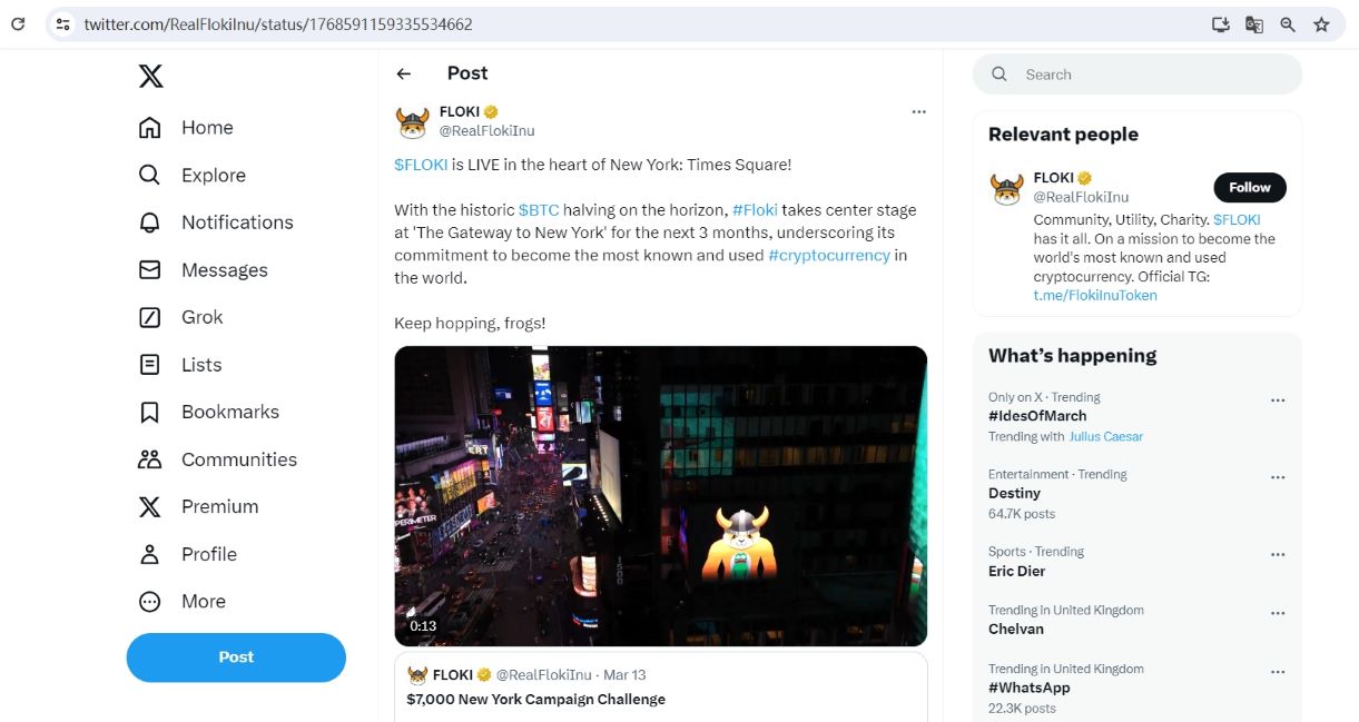 Floki现已上线纽约时代广场LED屏幕