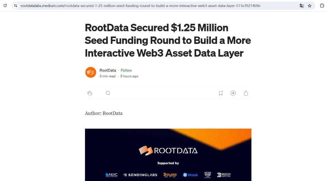 Web3资产数据平台RootData完成125万美元种子轮融资