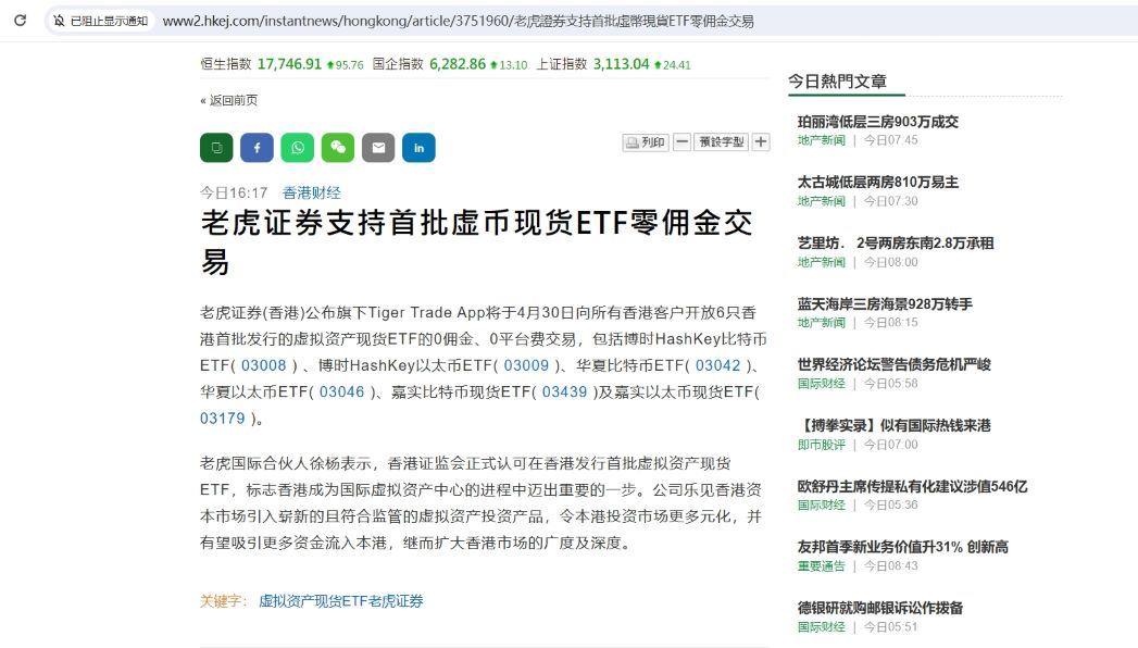 老虎证券(香港)支持首批虚拟资产现货ETF的零佣金交易